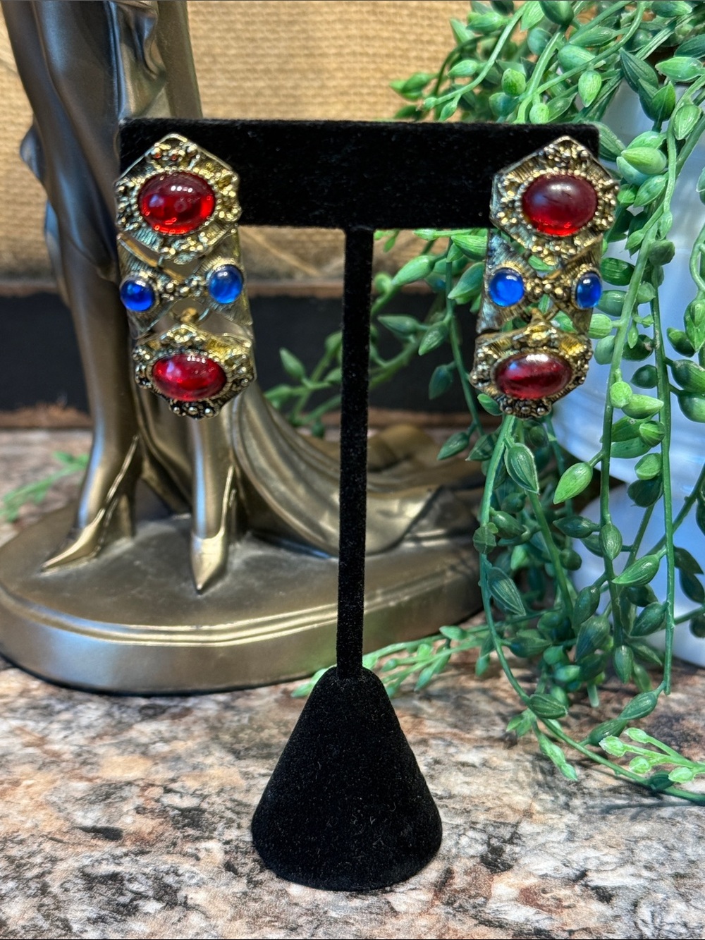 Vintage-Inspired Gold Plated Earrings with Red and Blue Gemstones